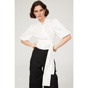 MUNTHE White Floral Printed Cotton Blend V-Neck Tie Closure Goldie Top Size 42